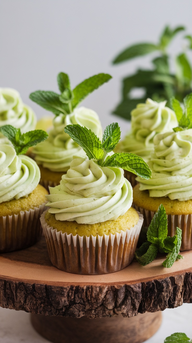 Mojito cupcakes with lime frosting and mint garnish on a wooden platter.